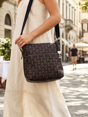Fossil Signature Crossbody Bag - Dark Navy Black & Brown Monogram Canvas (EUC)